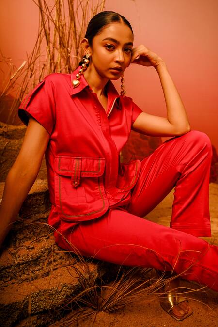 Veera Wear_Pink Cotton Collared Pocket Detail Shacket With Pant_at_Aza_Fashions