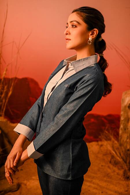 Buy_Veera Wear_Blue Cotton, Denim Layered Blazer With Pant_Online_at_Aza_Fashions