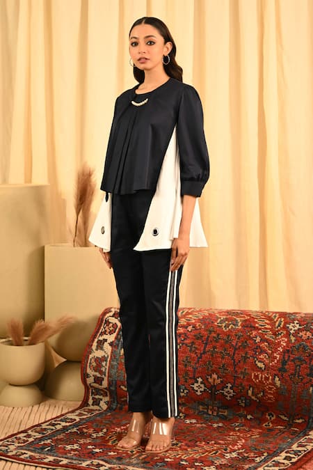 Veera Wear Blue Cotton Round Neck Eyelet Embellished Colorblocked Fin Top With Pant Online at Aza Fashions Veera Wear_Blue Cotton Round Neck Eyelet Embellished Colorblocked Fin Top With Pant_Online_at_Aza_Fashions