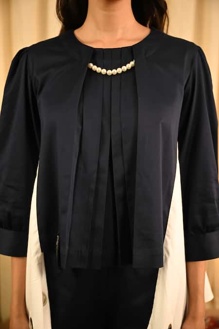 Buy Veera Wear Blue Cotton Round Neck Eyelet Embellished Colorblocked Fin Top With Pant Online at Aza Fashions Buy_Veera Wear_Blue Cotton Round Neck Eyelet Embellished Colorblocked Fin Top With Pant_Online_at_Aza_Fashions