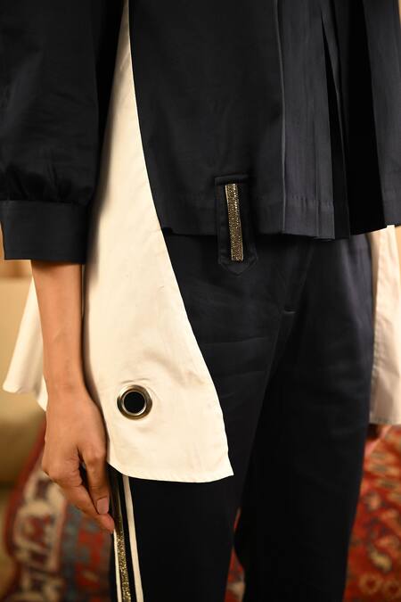 Shop Veera Wear Blue Cotton Round Neck Eyelet Embellished Colorblocked Fin Top With Pant Online at Aza Fashions Shop_Veera Wear_Blue Cotton Round Neck Eyelet Embellished Colorblocked Fin Top With Pant_Online_at_Aza_Fashions