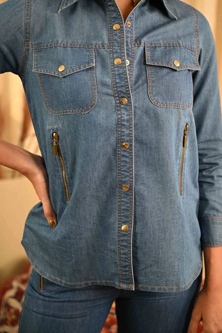 Buy Veera Wear Blue Denim Collared Button Down Shirt And Pant Set Online at Aza Fashions Buy_Veera Wear_Blue Denim Collared Button Down Shirt And Pant Set_Online_at_Aza_Fashions