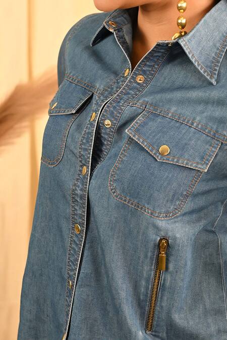 Shop Veera Wear Blue Denim Collared Button Down Shirt And Pant Set Online at Aza Fashions Shop_Veera Wear_Blue Denim Collared Button Down Shirt And Pant Set_Online_at_Aza_Fashions