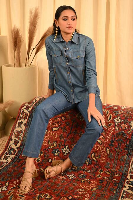 Veera Wear Blue Denim Collared Button Down Shirt And Pant Set at Aza Fashions Veera Wear_Blue Denim Collared Button Down Shirt And Pant Set_at_Aza_Fashions