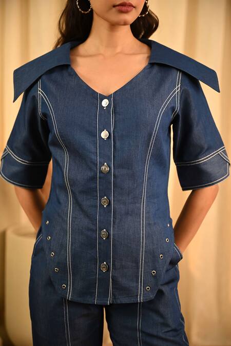 Veera Wear Blue Denim V-neck Top And Pant Set Online at Aza Fashions Veera Wear_Blue Denim V-neck Top And Pant Set_Online_at_Aza_Fashions