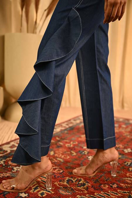 Buy Veera Wear Blue Denim V-neck Top And Pant Set Online at Aza Fashions Buy_Veera Wear_Blue Denim V-neck Top And Pant Set_Online_at_Aza_Fashions