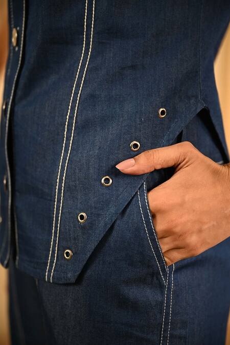 Shop Veera Wear Blue Denim V-neck Top And Pant Set Online at Aza Fashions Shop_Veera Wear_Blue Denim V-neck Top And Pant Set_Online_at_Aza_Fashions