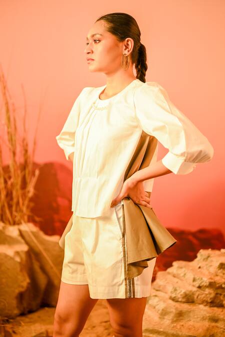 Buy_Veera Wear_White Cotton Round Neck Pleated Panelled Top And Shorts Set_Online_at_Aza_Fashions