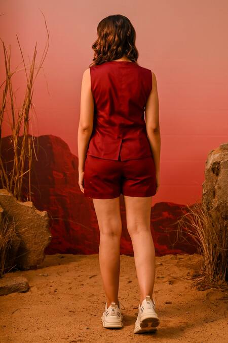 Shop Veera Wear Maroon Cotton V-neck Sleeveless Jacket And Shorts Set at Aza Fashions Shop_Veera Wear_Maroon Cotton V-neck Sleeveless Jacket And Shorts Set_at_Aza_Fashions