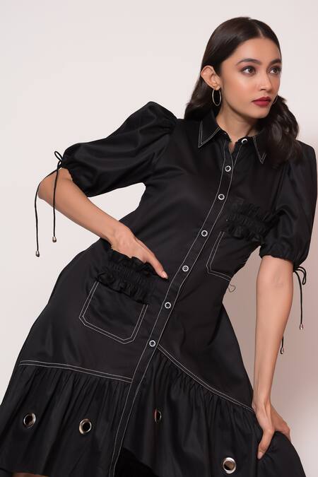 Veera Wear_Black Cotton Collared High Low Dress _Online_at_Aza_Fashions