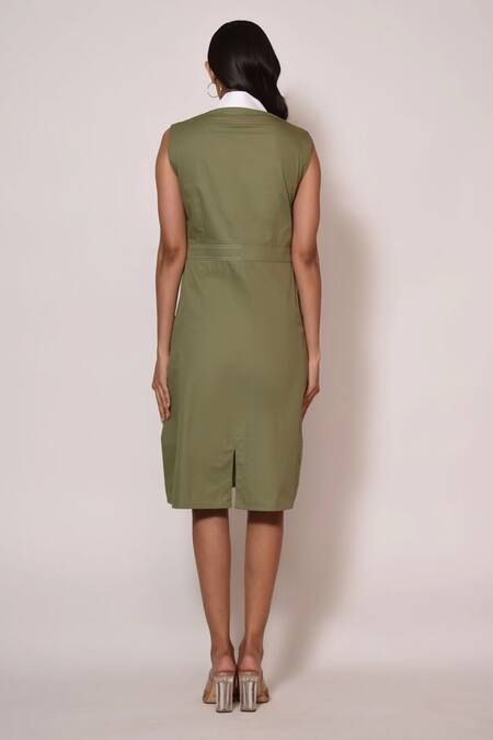 Shop_Veera Wear_Green Cotton Collared Contrast Sleeveless Dress _at_Aza_Fashions