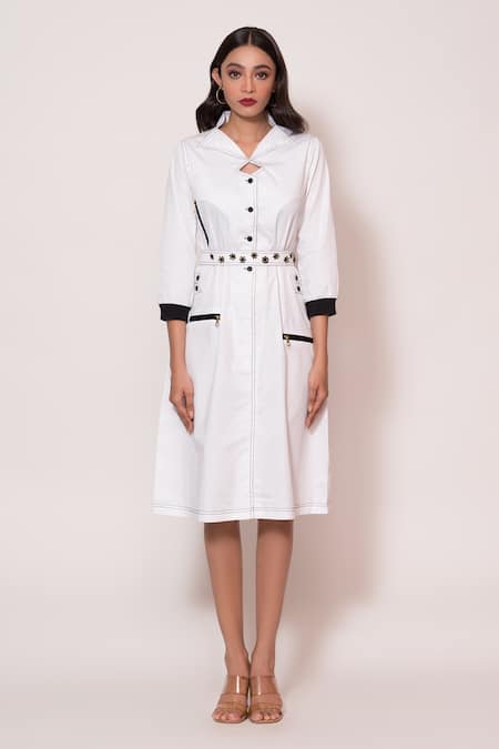 Shop_Veera Wear_White Cotton Collared Contrast Stitch Midi Dress _at_Aza_Fashions