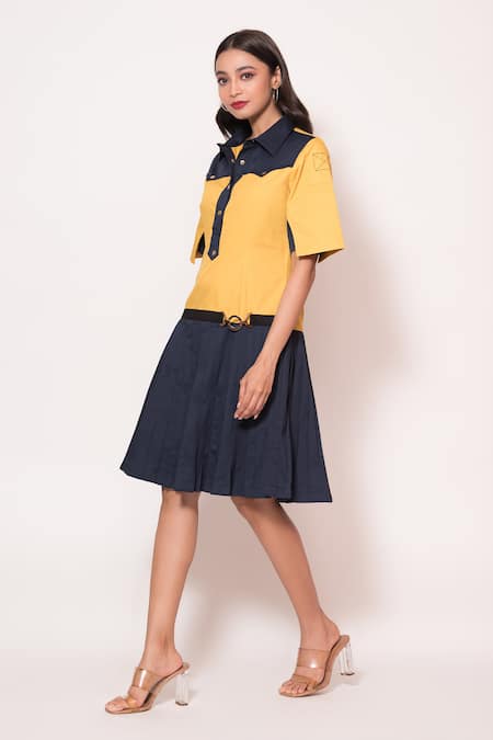 Shop Veera Wear Yellow Cotton Buckles Collared Color Blocked Dress at Aza Fashions Shop_Veera Wear_Yellow Cotton Buckles Collared Color Blocked Dress _at_Aza_Fashions