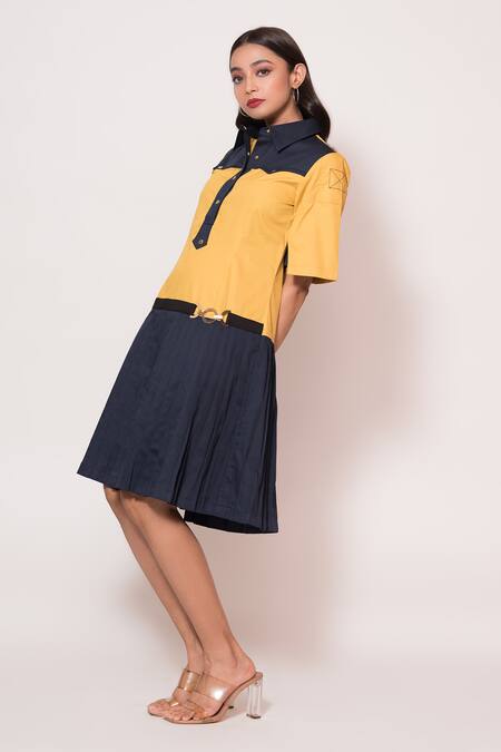 Veera Wear Yellow Cotton Buckles Collared Color Blocked Dress Online at Aza Fashions Veera Wear_Yellow Cotton Buckles Collared Color Blocked Dress _Online_at_Aza_Fashions