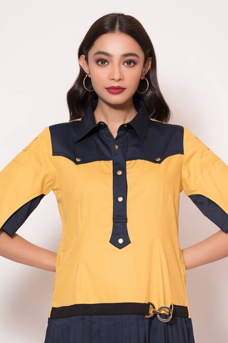Buy Veera Wear Yellow Cotton Buckles Collared Color Blocked Dress Online at Aza Fashions Buy_Veera Wear_Yellow Cotton Buckles Collared Color Blocked Dress _Online_at_Aza_Fashions