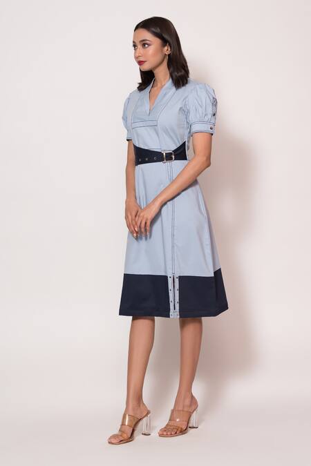 Shop Veera Wear Blue Cotton Collared, V-neck Puffed Sleeve Midi Dress at Aza Fashions Shop_Veera Wear_Blue Cotton Collared, V-neck Puffed Sleeve Midi Dress _at_Aza_Fashions
