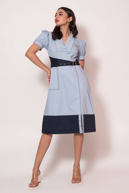 Buy Veera Wear Blue Cotton Collared, V-neck Puffed Sleeve Midi Dress Online at Aza Fashions Buy_Veera Wear_Blue Cotton Collared, V-neck Puffed Sleeve Midi Dress _Online_at_Aza_Fashions