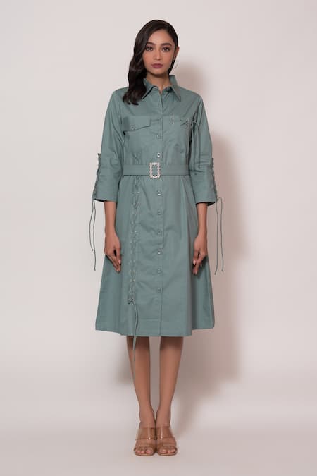 Shop_Veera Wear_Blue Cotton Collared Color Blocked Puffed Sleeve Dress _at_Aza_Fashions