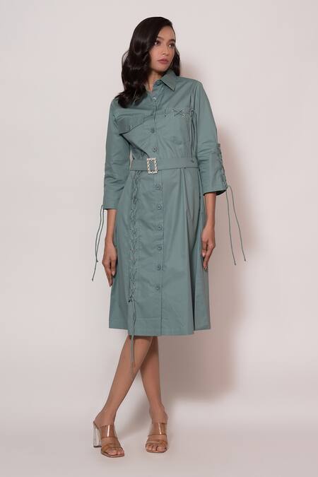 Veera Wear_Blue Cotton Collared Color Blocked Puffed Sleeve Dress _Online_at_Aza_Fashions