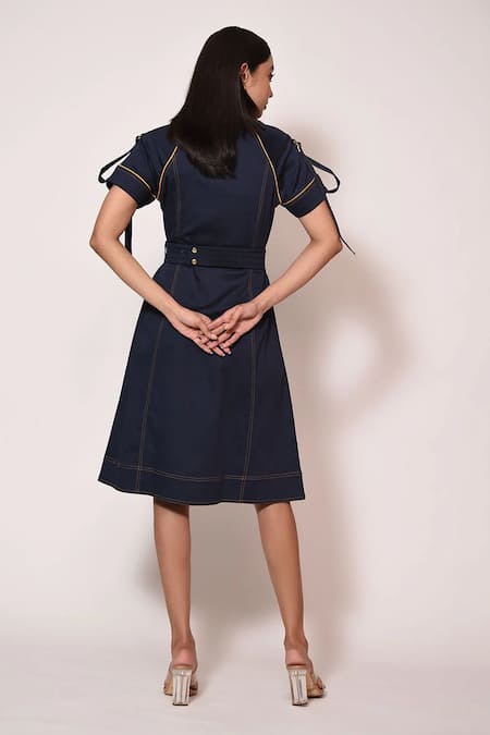 Shop Veera Wear Blue Cotton Collared Midi Dress at Aza Fashions Shop_Veera Wear_Blue Cotton Collared Midi Dress _at_Aza_Fashions