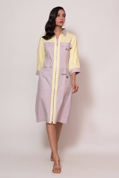 Buy_Veera Wear_Purple Cotton Collared Color Blocked Straight Midi Dress_Online_at_Aza_Fashions