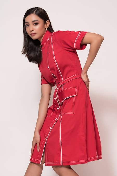 Shop Veera Wear Red Cotton Collared Overlap Midi Dress at Aza Fashions Shop_Veera Wear_Red Cotton Collared Overlap Midi Dress_at_Aza_Fashions
