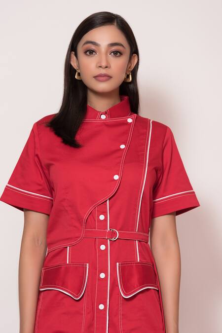 Veera Wear Red Cotton Collared Overlap Midi Dress Online at Aza Fashions Veera Wear_Red Cotton Collared Overlap Midi Dress_Online_at_Aza_Fashions