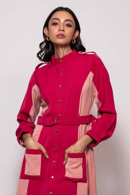 Veera Wear Peach Crepe Round Neck Color Block Dress Online at Aza Fashions Veera Wear_Peach Crepe Round Neck Color Block Dress_Online_at_Aza_Fashions