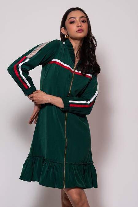 Shop Veera Wear Green Crepe, Acrylic Collared Contrast Tape Panel Dress at Aza Fashions Shop_Veera Wear_Green Crepe, Acrylic Collared Contrast Tape Panel Dress_at_Aza_Fashions