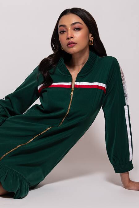 Veera Wear Green Crepe, Acrylic Collared Contrast Tape Panel Dress Online at Aza Fashions Veera Wear_Green Crepe, Acrylic Collared Contrast Tape Panel Dress_Online_at_Aza_Fashions