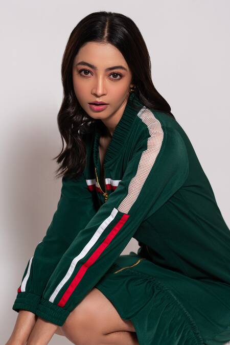 Buy Veera Wear Green Crepe, Acrylic Collared Contrast Tape Panel Dress Online at Aza Fashions Buy_Veera Wear_Green Crepe, Acrylic Collared Contrast Tape Panel Dress_Online_at_Aza_Fashions