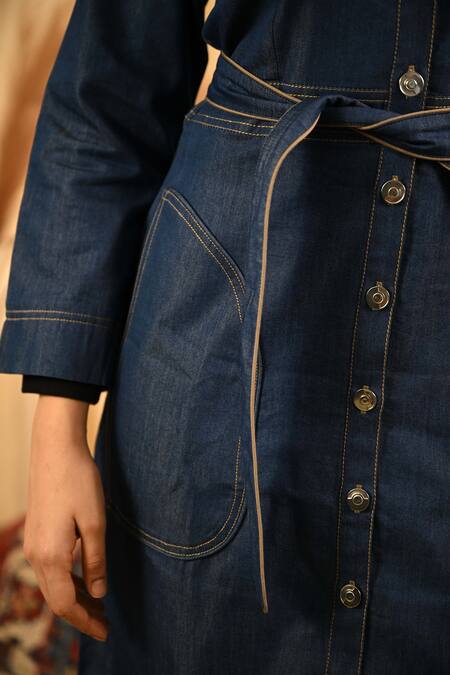 Veera Wear_Blue Denim Collared Contrast Dress_at_Aza_Fashions