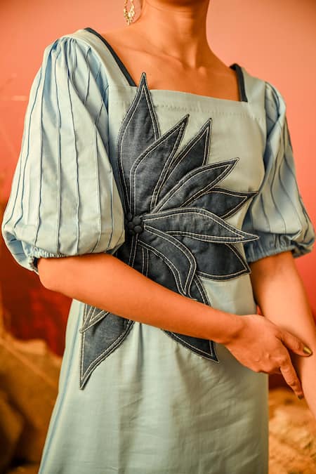 Veera Wear_Blue Cotton Applique Square Neck Floral Dress_Online_at_Aza_Fashions