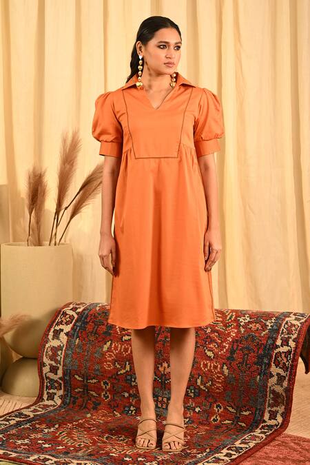 Veera Wear_Orange Cotton Studs Collared Studded Dress _Online_at_Aza_Fashions
