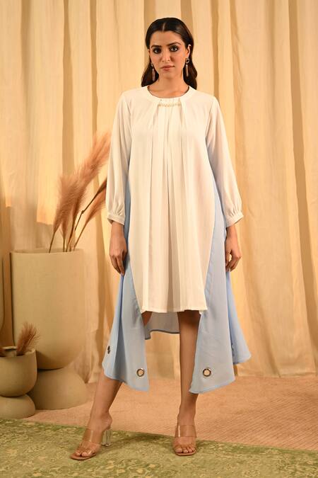 Veera Wear_White Lycra, Georgette Pearls Round Neck Contrast Asymmetric Panel Dress_Online_at_Aza_Fashions