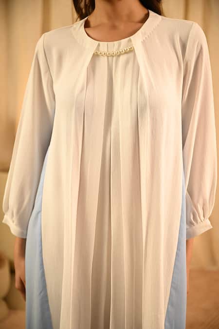 Veera Wear_White Lycra, Georgette Pearls Round Neck Contrast Asymmetric Panel Dress_at_Aza_Fashions