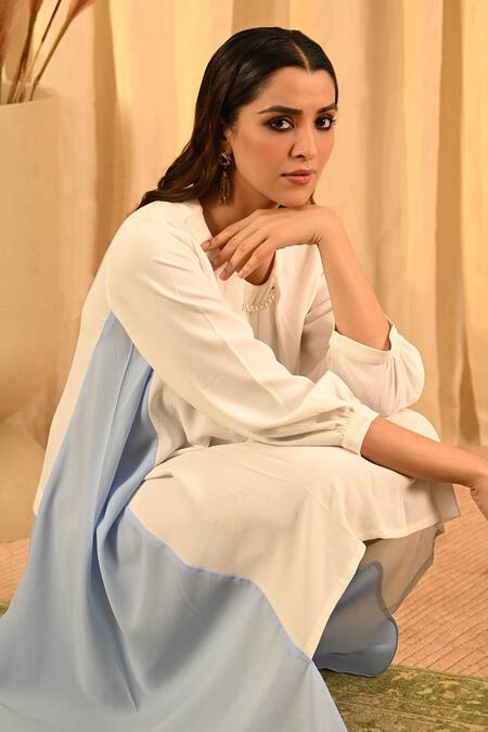 Buy_Veera Wear_White Lycra, Georgette Pearls Round Neck Contrast Asymmetric Panel Dress