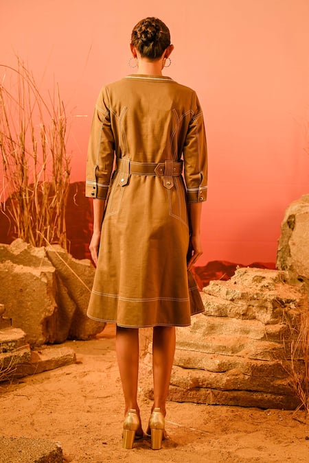 Shop_Veera Wear_Yellow Cotton Round Neck Stitch Line Work Dress _at_Aza_Fashions