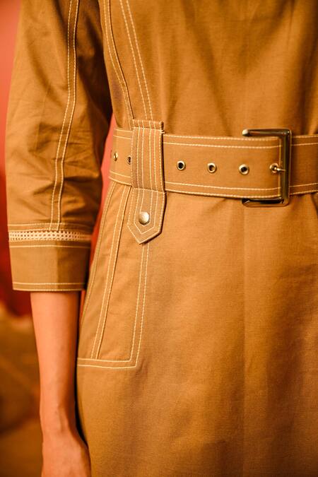 Veera Wear_Yellow Cotton Round Neck Stitch Line Work Dress _Online_at_Aza_Fashions