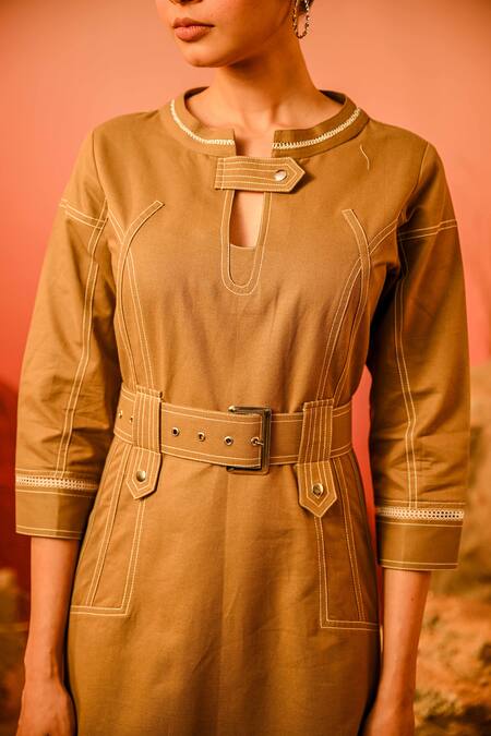 Buy_Veera Wear_Yellow Cotton Round Neck Stitch Line Work Dress _Online_at_Aza_Fashions