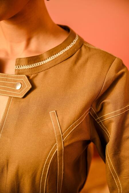 Shop_Veera Wear_Yellow Cotton Round Neck Stitch Line Work Dress _Online_at_Aza_Fashions