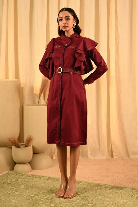 Veera Wear_Maroon Cotton Studs Asymmetric Front Ruffled Midi Dress _Online_at_Aza_Fashions