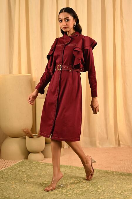 Buy_Veera Wear_Maroon Cotton Studs Asymmetric Front Ruffled Midi Dress _Online_at_Aza_Fashions