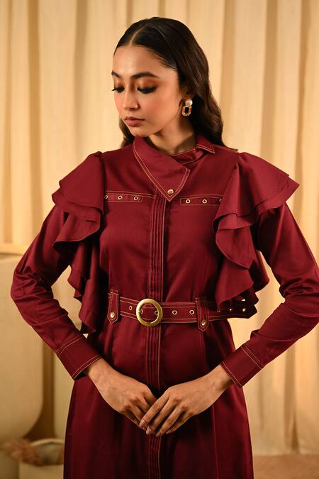 Shop_Veera Wear_Maroon Cotton Studs Asymmetric Front Ruffled Midi Dress _Online_at_Aza_Fashions