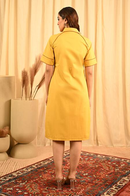 Shop_Veera Wear_Yellow Cotton Collared Midi Dress _at_Aza_Fashions