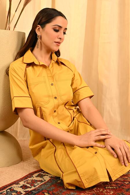 Shop_Veera Wear_Yellow Cotton Collared Midi Dress _Online_at_Aza_Fashions