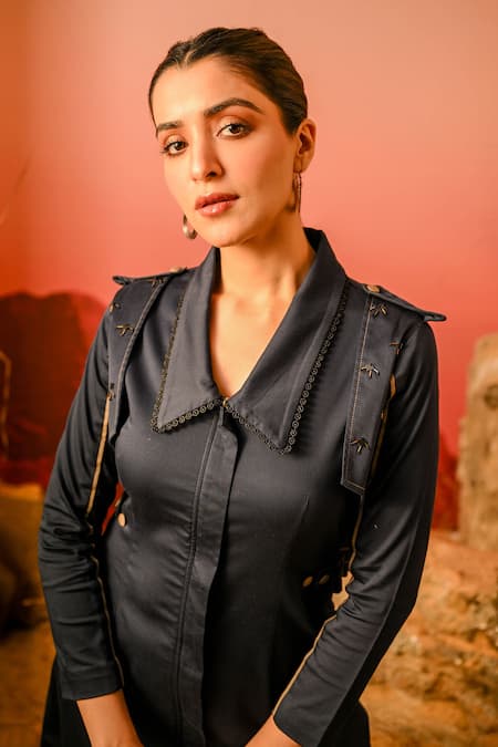 Shop_Veera Wear_Blue Cotton Cut Work Collared Placement Embellished Dress_Online_at_Aza_Fashions