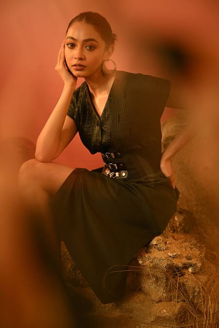 Veera Wear_Green Cotton Sequins V-neck Pintuck Bodice Dress_Online_at_Aza_Fashions