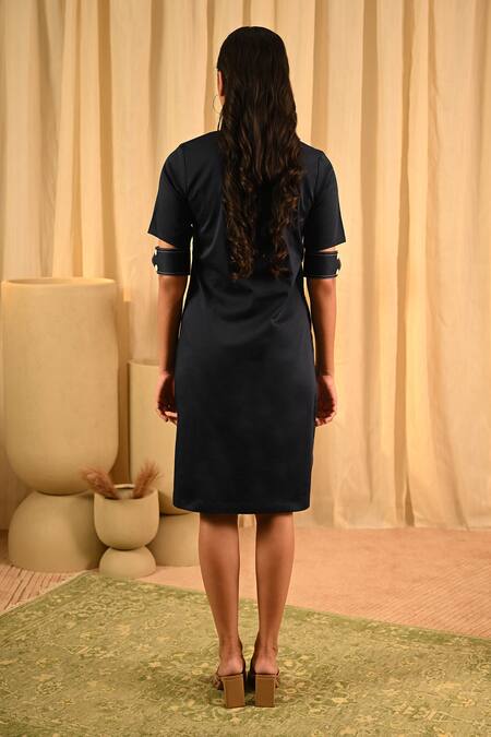 Shop_Veera Wear_Blue Cotton Studs Collared Contrast Pintuck Bodice Dress _at_Aza_Fashions