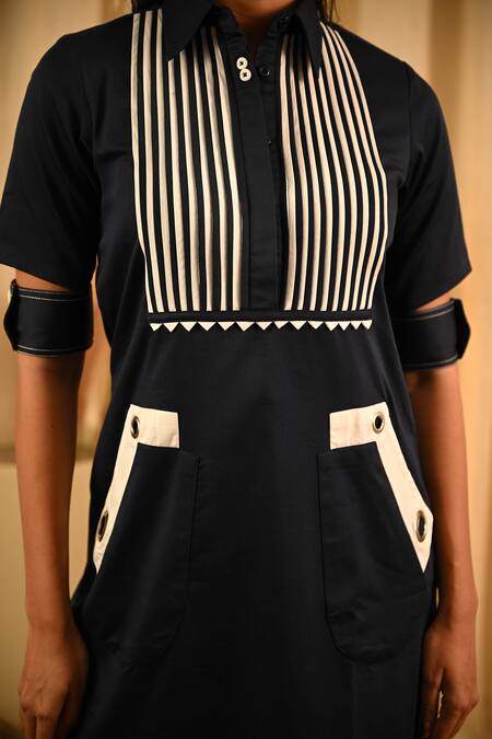 Veera Wear_Blue Cotton Studs Collared Contrast Pintuck Bodice Dress _at_Aza_Fashions